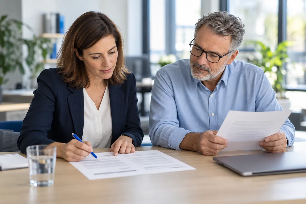Zwei Personen besprechen ein Dokument mit Arbeitsregeln.
